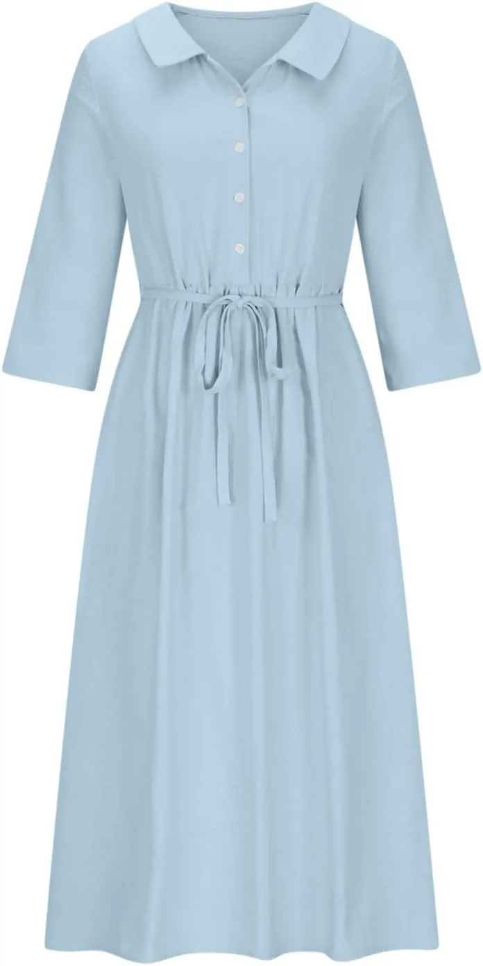 Women's Cotton Linen Midi Dress Plus Size 3/4 Sleeve Pleated Summer Dresses Vacation 2025 Crew Neck Casual Dress