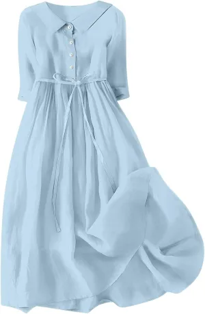 Women's Cotton Linen Midi Dress Plus Size 3/4 Sleeve Pleated Summer Dresses Vacation 2025 Crew Neck Casual Dress