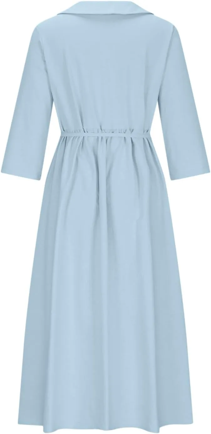 Women's Cotton Linen Midi Dress Plus Size 3/4 Sleeve Pleated Summer Dresses Vacation 2025 Crew Neck Casual Dress
