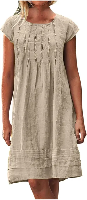 Women's Cotton Linen Pleated Dress Loose Fit Crewneck Short Sleeve Dresses Vacation Beach Sundress for Women 2025