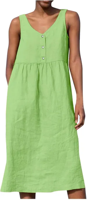 Womens Cotton Linen Sleeveless V Neck Midi Summer Dresses Casual Loose Tank Dress Solid Pleated Beach Sundresses