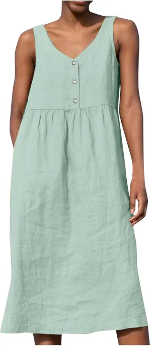 Womens Cotton Linen Sleeveless V Neck Midi Summer Dresses Casual Loose Tank Dress Solid Pleated Beach Sundresses
