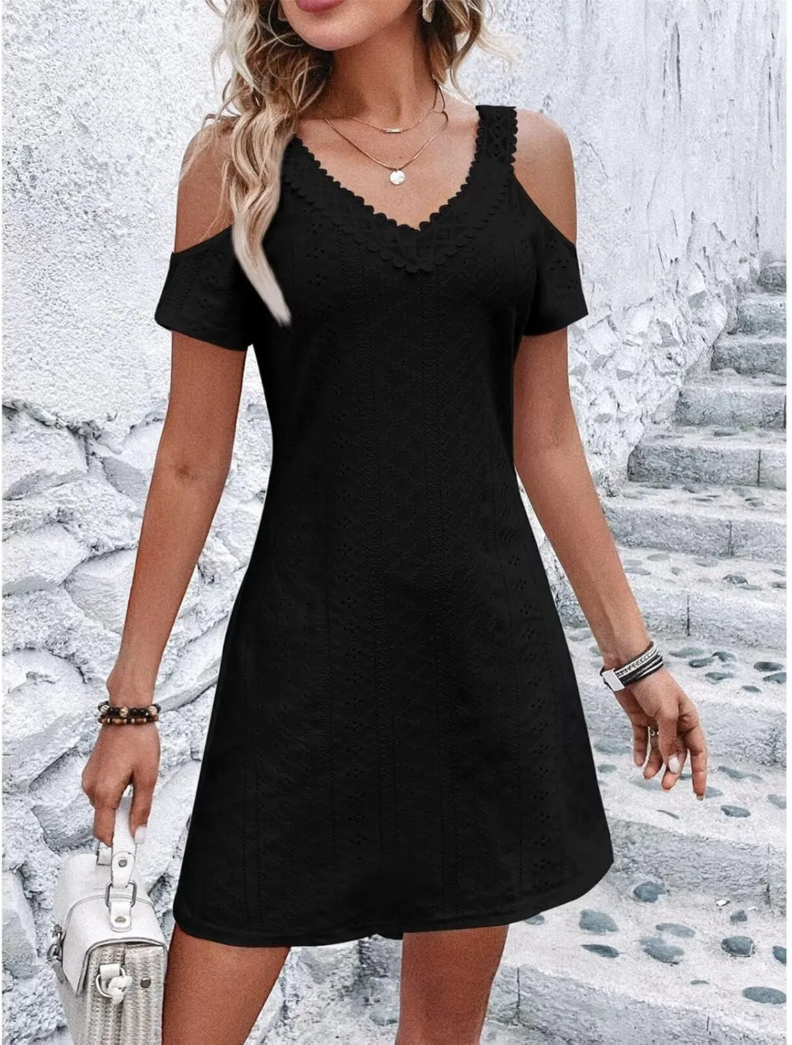 Womens Cute Summer Dresses Casual Short Sleeve V Neck Sundress Women Fashion Vacation Boho Dresses Mini Beach Dresses