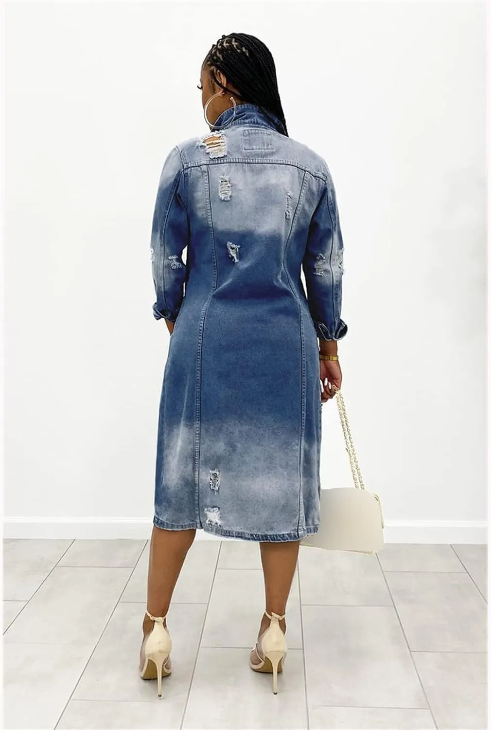 Women's Distressed Denim Jacket Trench Hole Over Knee Midi Long Denim Jacket Lapel Slim Fit Button Down Jean Coat