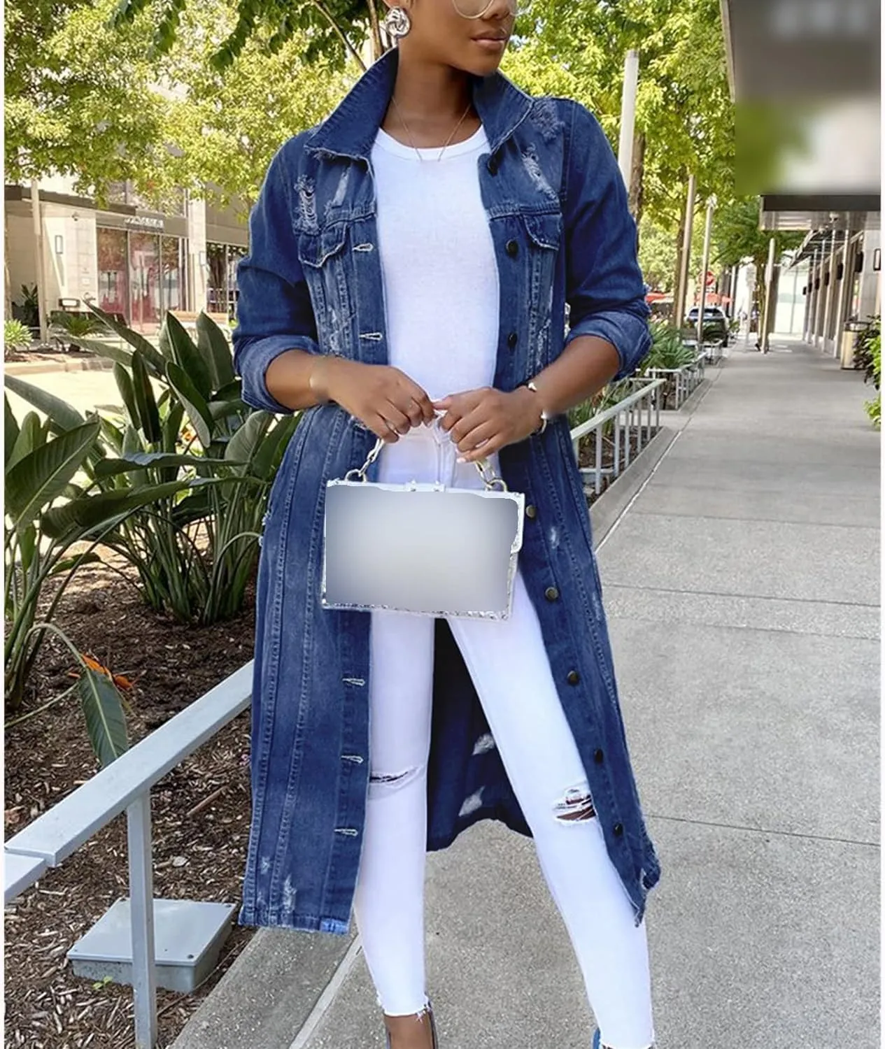 Women's Distressed Denim Jacket Trench Hole Over Knee Midi Long Denim Jacket Lapel Slim Fit Button Down Jean Coat