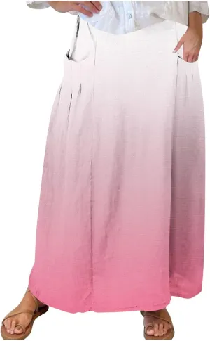Women's Elastic High Waist Skirts Plus Size Tie-dye Gradient Color Block A-Line Pleated Long Maxi Skirts with Pocket