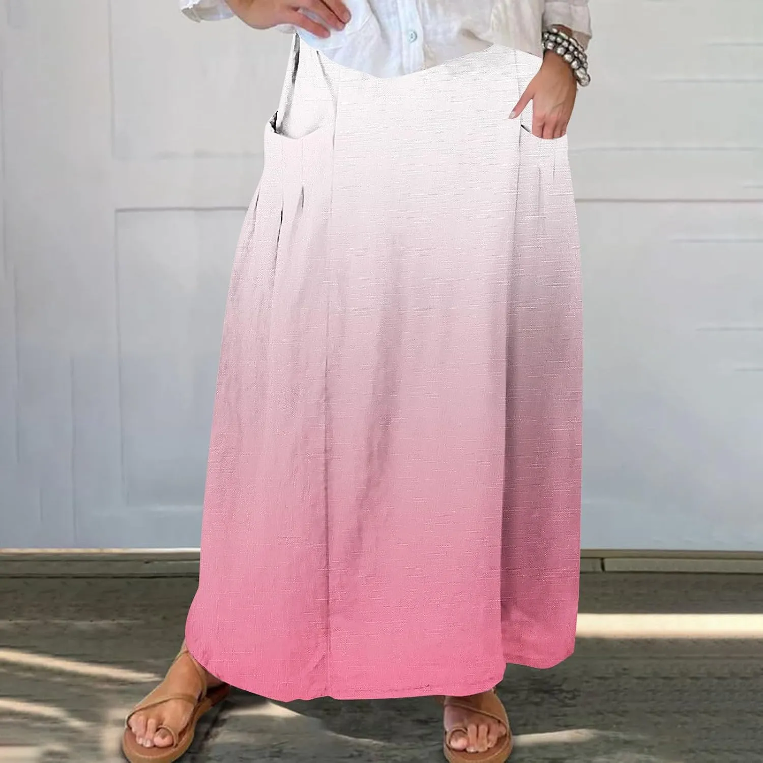 Women's Elastic High Waist Skirts Plus Size Tie-dye Gradient Color Block A-Line Pleated Long Maxi Skirts with Pocket