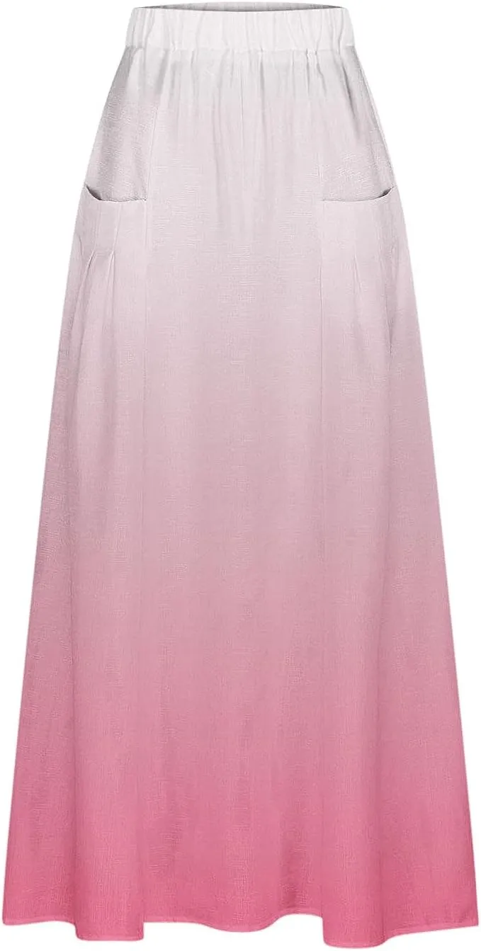 Women's Elastic High Waist Skirts Plus Size Tie-dye Gradient Color Block A-Line Pleated Long Maxi Skirts with Pocket