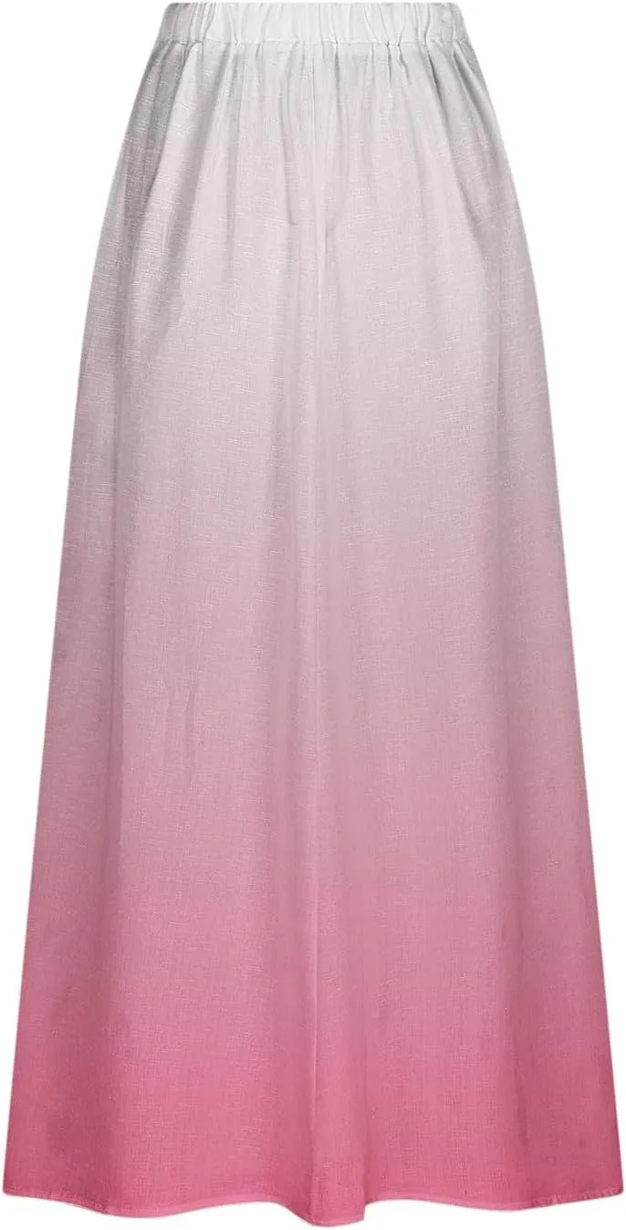 Women's Elastic High Waist Skirts Plus Size Tie-dye Gradient Color Block A-Line Pleated Long Maxi Skirts with Pocket