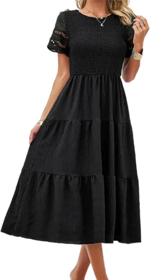 Womens Elegant Summer Dresses Casual Short Sleeve O Neck Maxi Dress Ruffle Boho Vacation Dress Wedding Guest Dresses