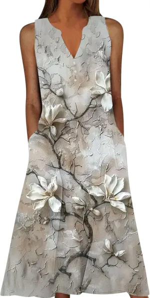 Women's Embossed Floral Printed Midi Dresses with Pockets Loose Button V Neck Summer Sleeveless A-Line Casual Plus Size Dress