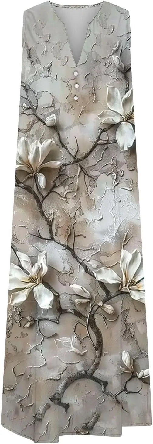 Women's Embossed Floral Printed Midi Dresses with Pockets Loose Button V Neck Summer Sleeveless A-Line Casual Plus Size Dress