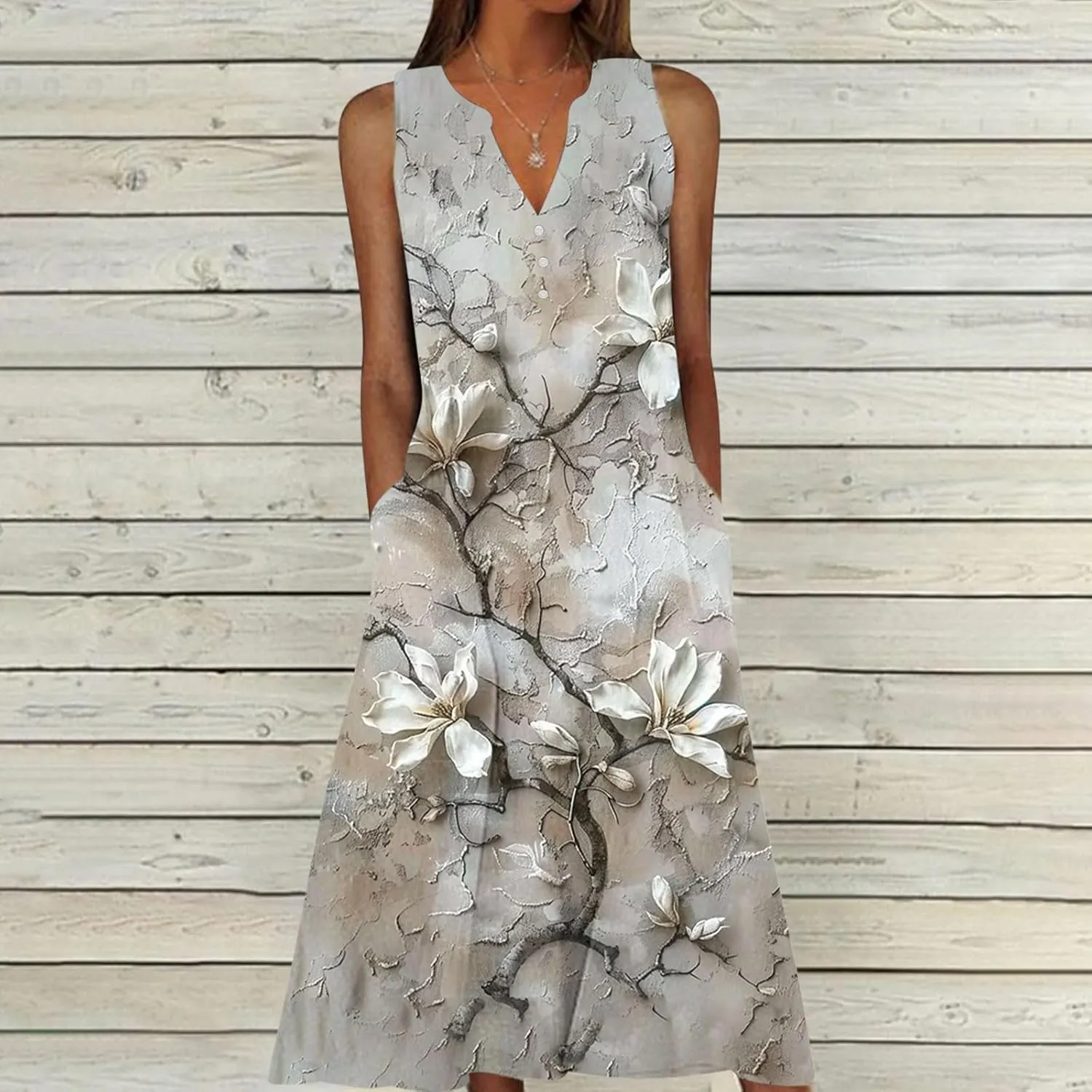 Women's Embossed Floral Printed Midi Dresses with Pockets Loose Button V Neck Summer Sleeveless A-Line Casual Plus Size Dress