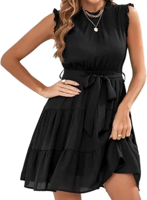 Womens Fashion Summer Dresses Casual Puff Sleeve Ruffle Mini Dress Vacation Beach Boho Dresses Cute Dresses with Belt