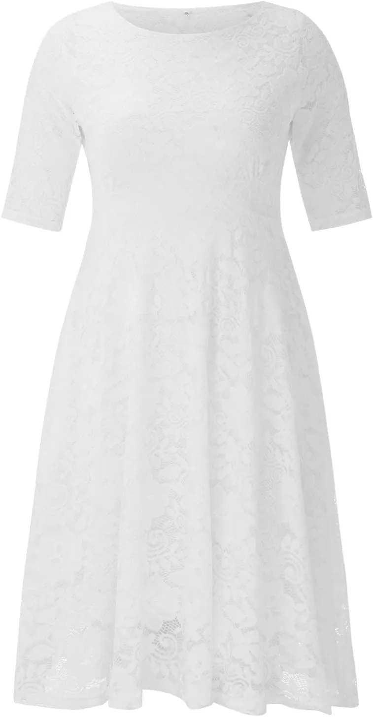 Womens Floral Lace Plus Size Midi Dress Scooped Neckline Cocktail Party Dresses Swing Plus Size Dresses