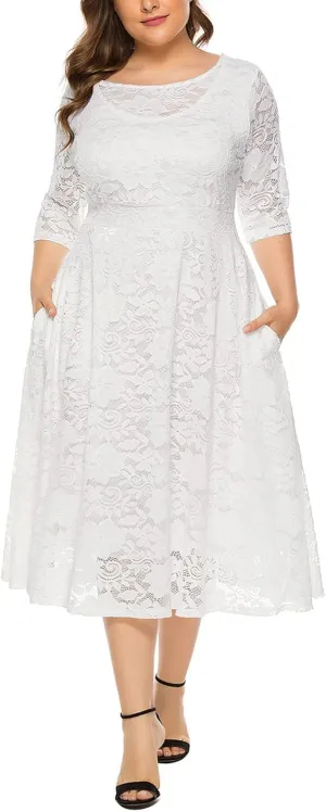 Womens Floral Lace Plus Size Midi Dress Scooped Neckline Cocktail Party Dresses Swing Plus Size Dresses