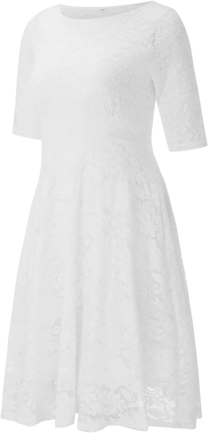 Womens Floral Lace Plus Size Midi Dress Scooped Neckline Cocktail Party Dresses Swing Plus Size Dresses
