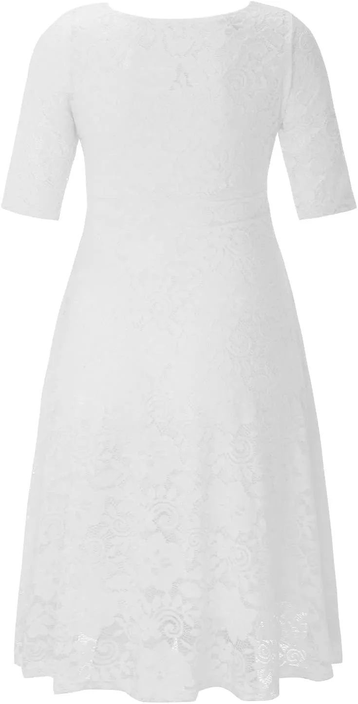 Womens Floral Lace Plus Size Midi Dress Scooped Neckline Cocktail Party Dresses Swing Plus Size Dresses