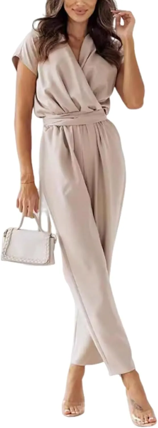 Women's Fresh V-Neck Solid Color Jumpsuit with Tether Comfy Short Sleeve One Piece Outfits Casual 2025 Summer Long Pants