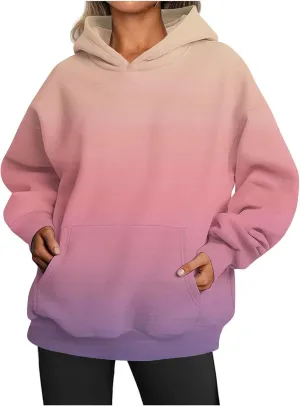 Womens Hoodies Casual Long Sleeve Oversized Sweatshirts Drawstring Pullover Fashion Crew Neck Pocket Gradient