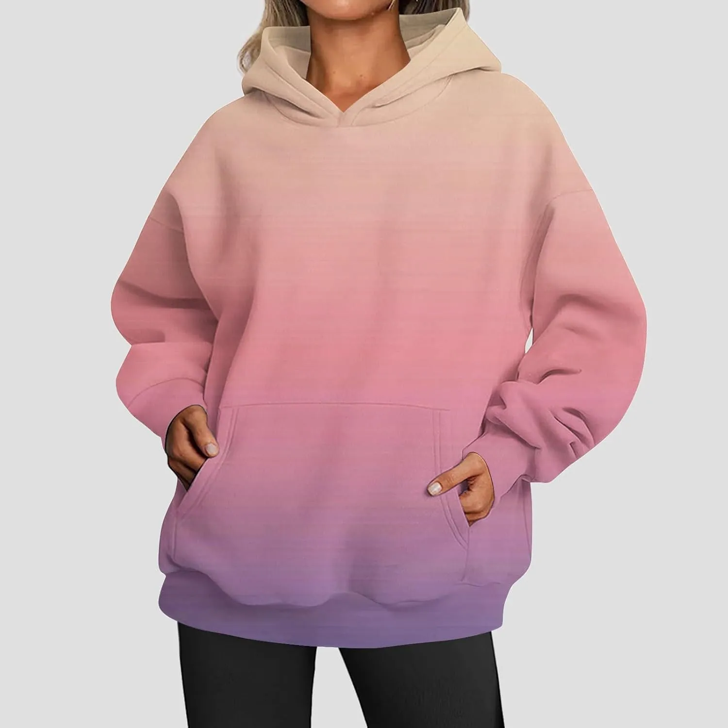 Womens Hoodies Casual Long Sleeve Oversized Sweatshirts Drawstring Pullover Fashion Crew Neck Pocket Gradient