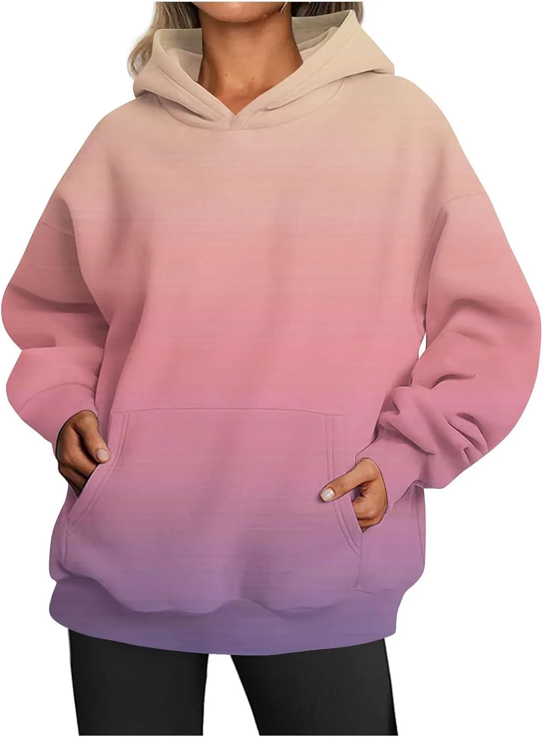 Womens Hoodies Casual Long Sleeve Oversized Sweatshirts Drawstring Pullover Fashion Crew Neck Pocket Gradient