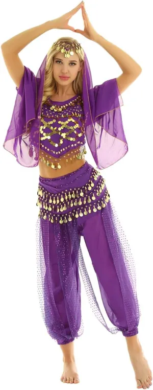 Women's India Shiny Coin Tassel Belly Dance Set Crop Top with Harem Pants Hip Scarf Head Scarfs
