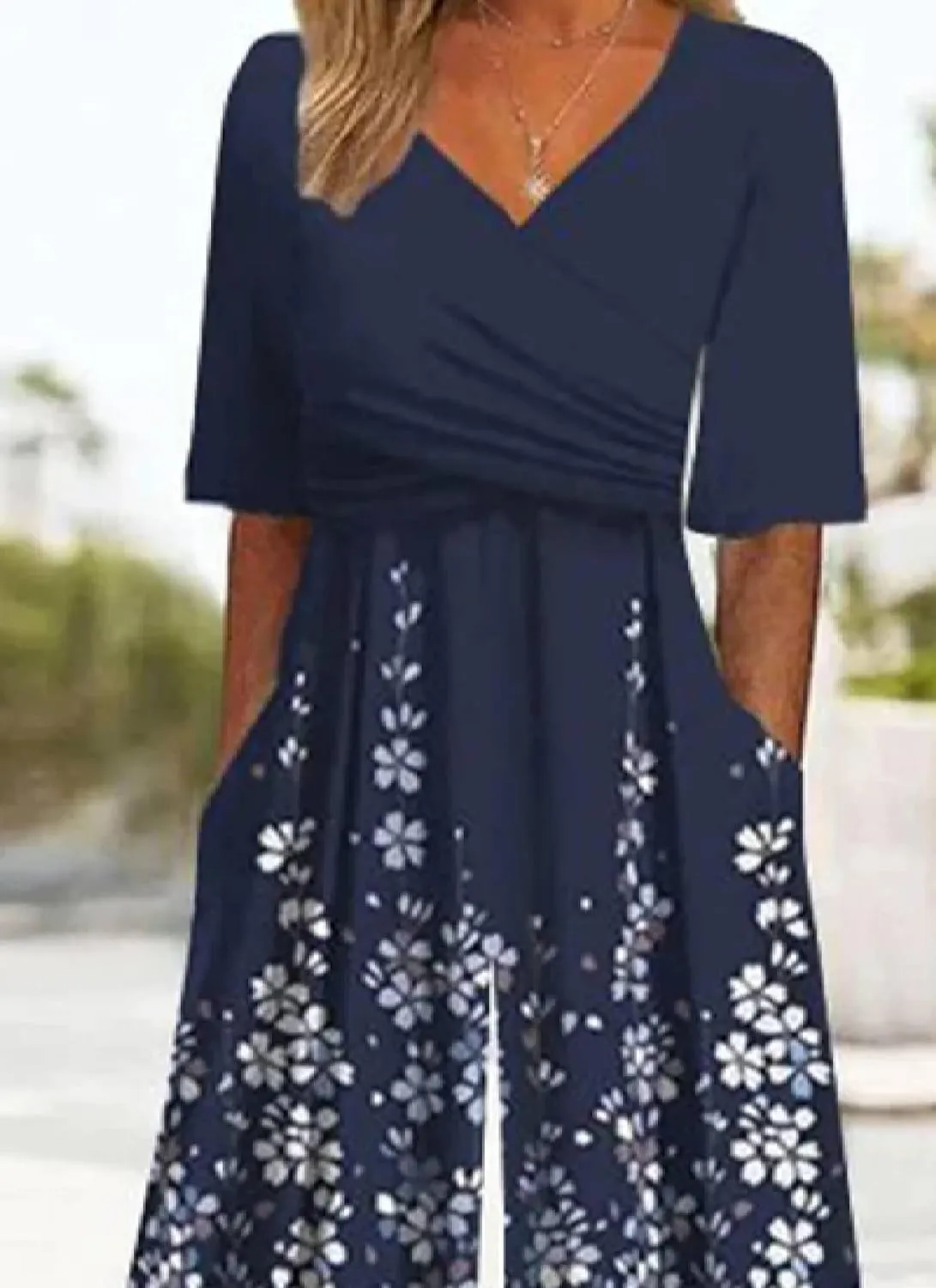 Women's Navy V-Neck Short Sleeve White Floral Print Jumpsuit with Pockets Wide Leg Causal One Piece Outfits 2025 Fashion