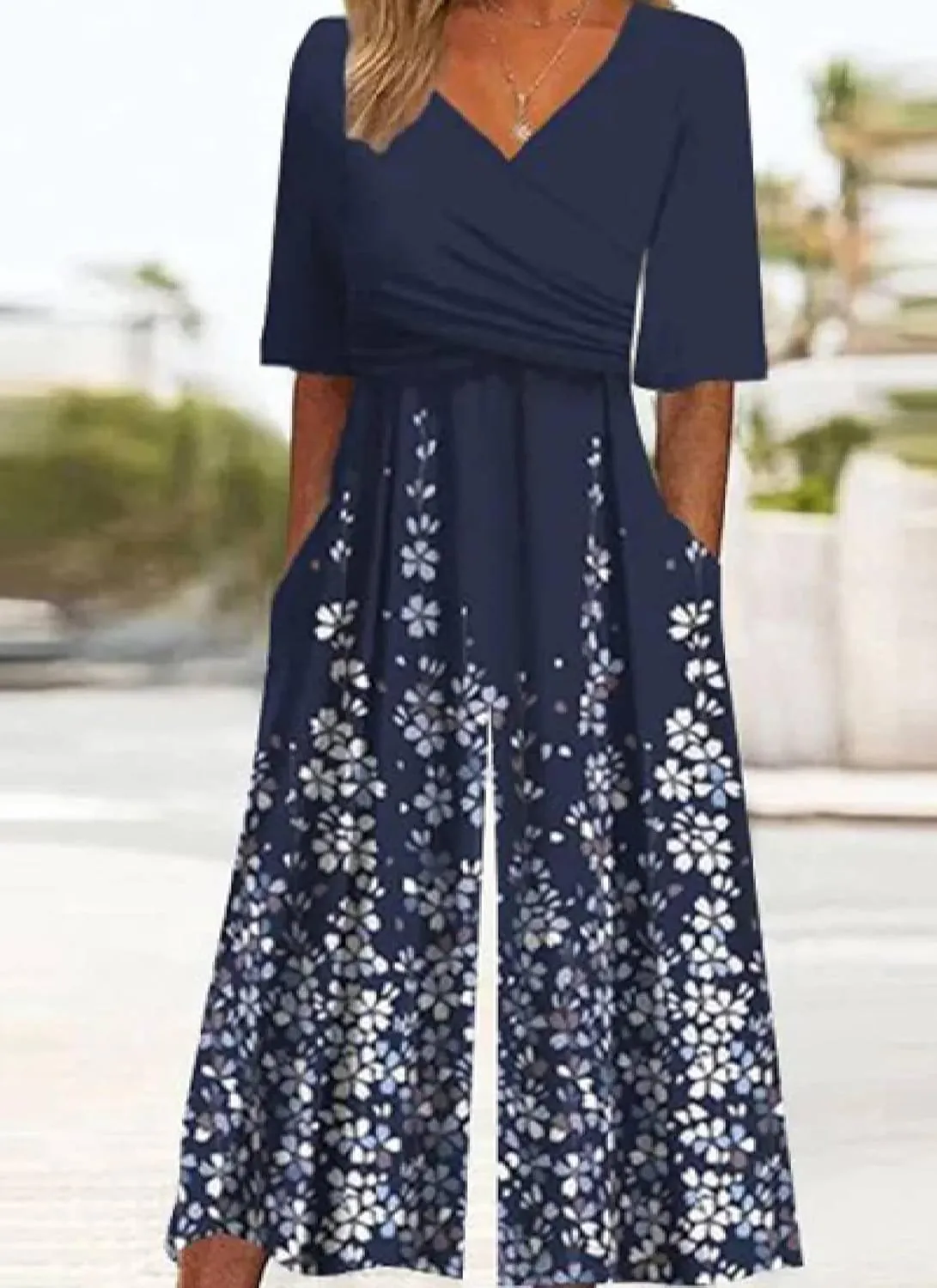Women's Navy V-Neck Short Sleeve White Floral Print Jumpsuit with Pockets Wide Leg Causal One Piece Outfits 2025 Fashion