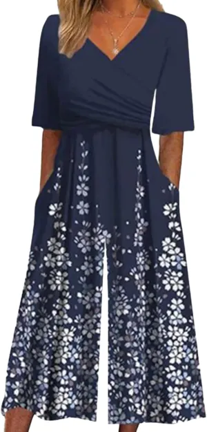 Women's Navy V-Neck Short Sleeve White Floral Print Jumpsuit with Pockets Wide Leg Causal One Piece Outfits 2025 Fashion