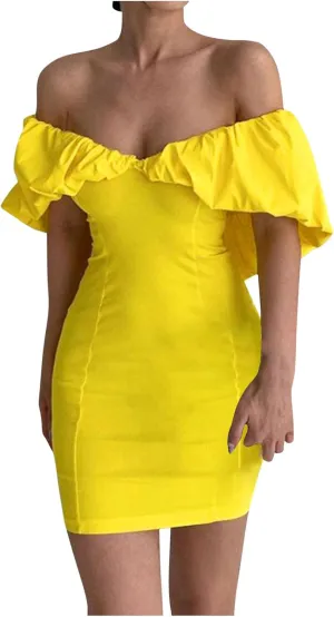 Womens Off Shoulder Ruffle Short Sleeve Wedding Guest A Line Dress Cocktail Party Pencil Dresses Slim Fit Dress