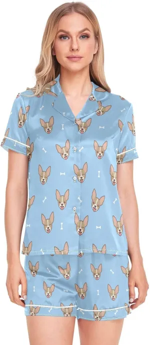 Womens Pajamas Set Cute Chihuahua Animal Dog Satin Pajamas Set for Women Soft Short Sleeve Pj Set with Pockets