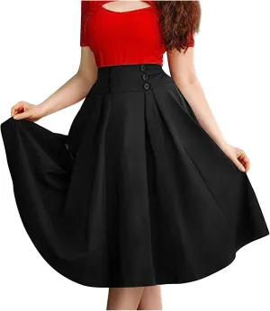 Womens Pleated Skirt High Waist Midi Skirts A Line Vintage Skirts Dressy Casual Button Skirt Elegant Cocktail Skirts