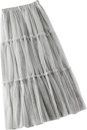 Women's Pleated Skirt Midi Swing Skirt Double-Layered Mesh Midi Skirt Elastic High Waist Swing A-Line Tulle Skirt