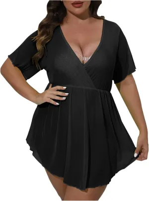 Women's Plus Size Sheer Mesh Beach Cover Up Dress Sheer V-Neck Coverup See Through Bathing Suit Dress