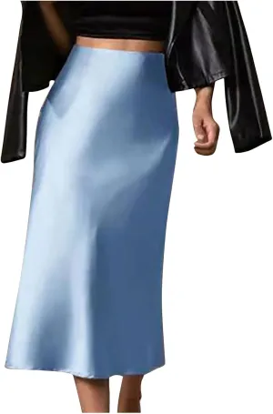 Womens Satin Skirts Casual Silk Midi Skirt High Waisted Long Skirts Elegant Work Skirts Evening Cocktail Party Skirt