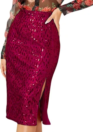 Women's Sequin Skirt Midi High Waist Elegant Stretchy Sparkle Side Slit Pencil Skirt Party Cocktail Bodycon Skirts