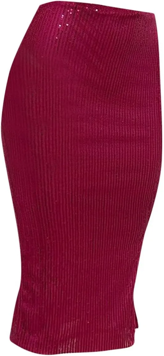 Women's Sequin Skirt Midi High Waist Elegant Stretchy Sparkle Side Slit Pencil Skirt Party Cocktail Bodycon Skirts