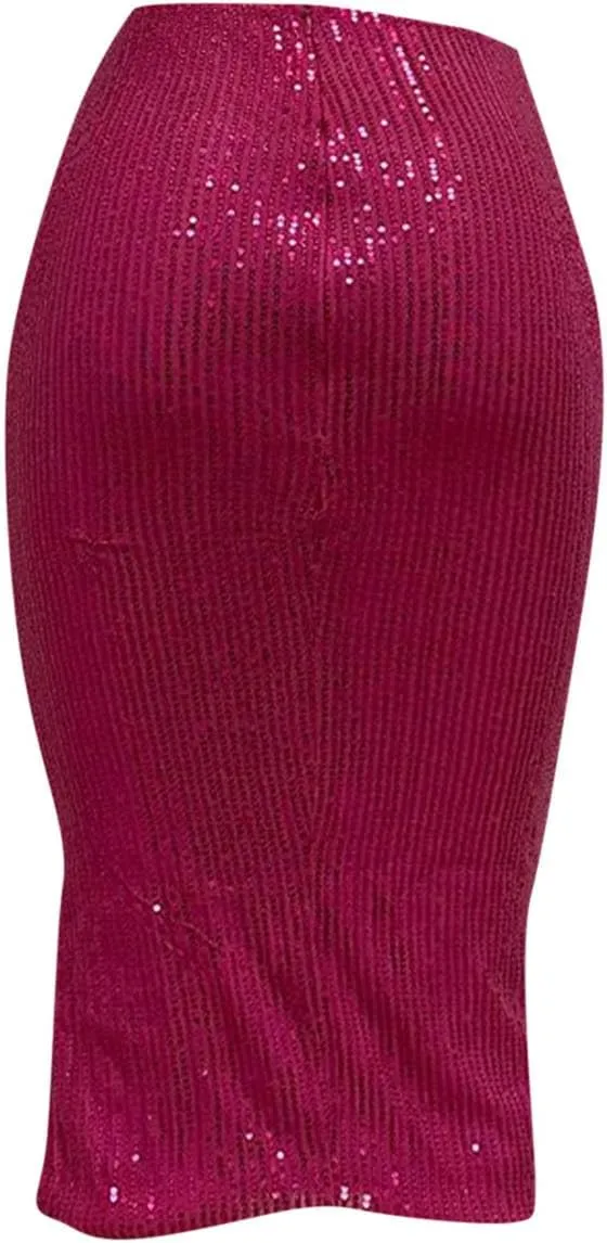 Women's Sequin Skirt Midi High Waist Elegant Stretchy Sparkle Side Slit Pencil Skirt Party Cocktail Bodycon Skirts