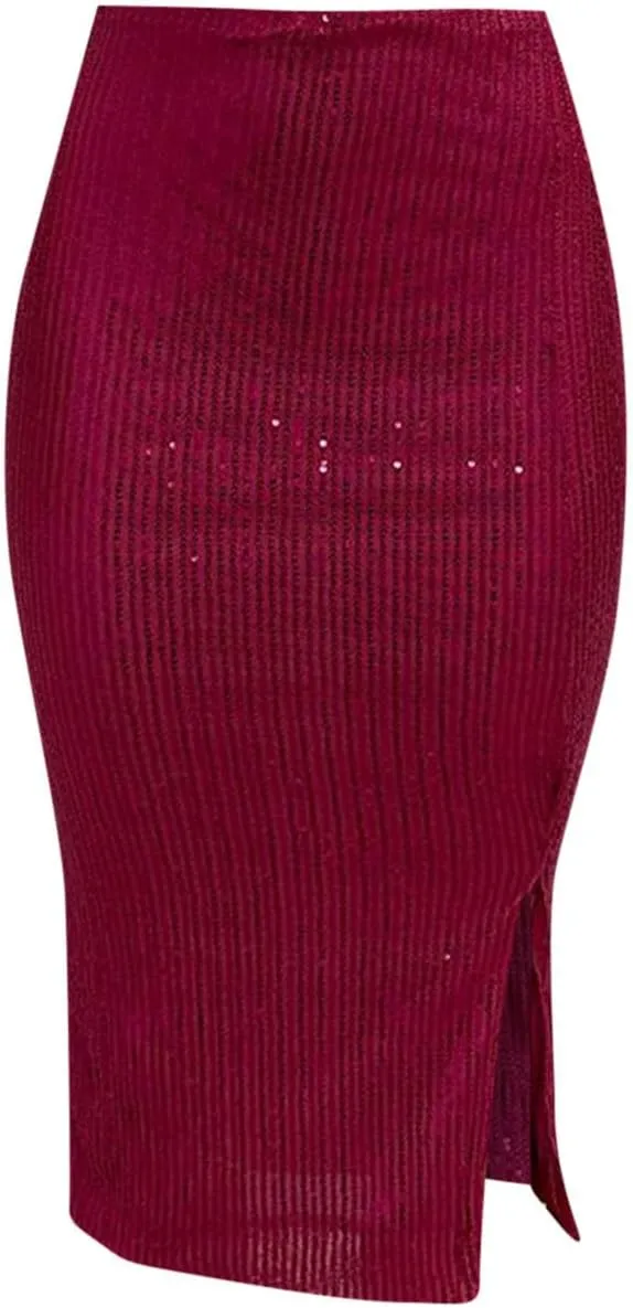 Women's Sequin Skirt Midi High Waist Elegant Stretchy Sparkle Side Slit Pencil Skirt Party Cocktail Bodycon Skirts