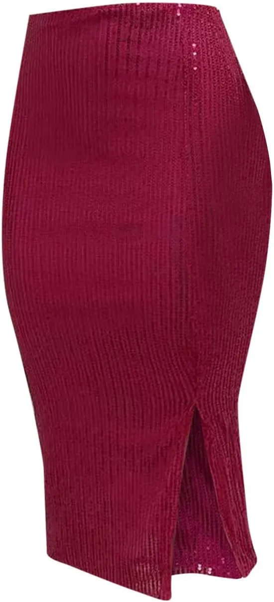 Women's Sequin Skirt Midi High Waist Elegant Stretchy Sparkle Side Slit Pencil Skirt Party Cocktail Bodycon Skirts
