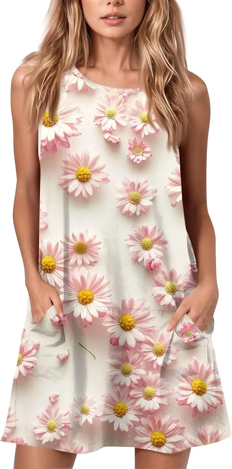 Women's Sleeveless Floral Print Summer Dress with Pockets Casual Loose Fit A-Line Summer for Beach & Party