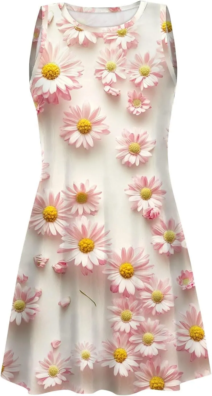 Women's Sleeveless Floral Print Summer Dress with Pockets Casual Loose Fit A-Line Summer for Beach & Party