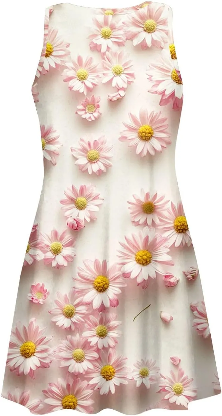 Women's Sleeveless Floral Print Summer Dress with Pockets Casual Loose Fit A-Line Summer for Beach & Party