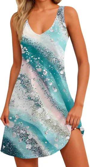 Women's Sleeveless Summer Dress with Abstract Purple Print Casual A-Line Beach Wear for Vacation and Daily Outfits