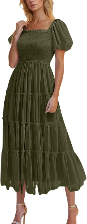 Women's Smocked Midi Tulle Dress Puff Short Sleeve Square Neck Wedding Party Dresses Ruffle Tiered Beach Sundress