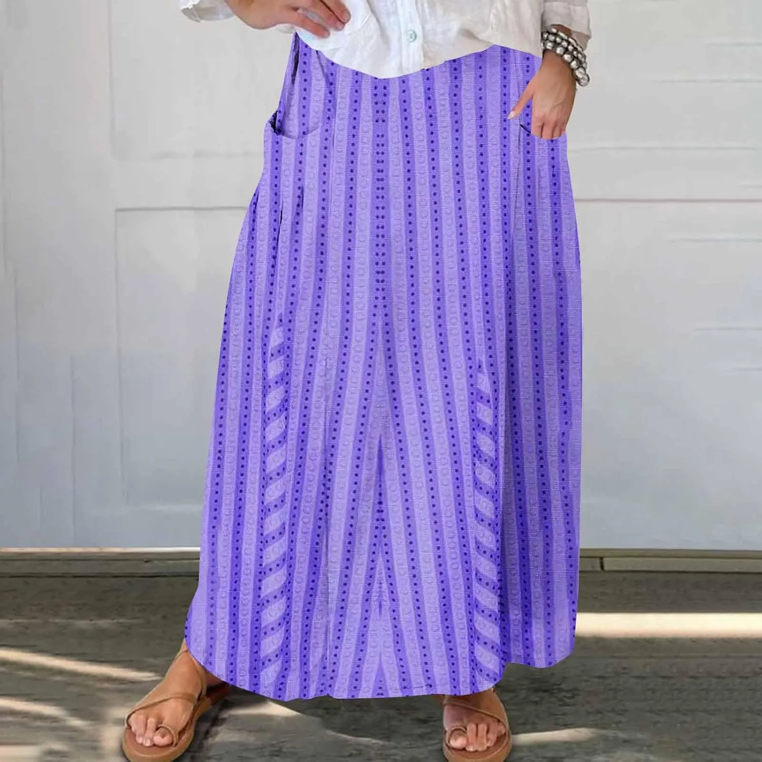 Womens Stripe Skirt Trendy Casual Elastic High Waisted Skirt Loose Fit Pleated Flowy Swing Maxi Skirts with Pockets