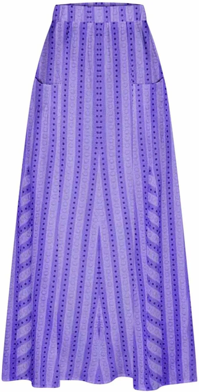 Womens Stripe Skirt Trendy Casual Elastic High Waisted Skirt Loose Fit Pleated Flowy Swing Maxi Skirts with Pockets