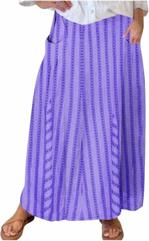 Womens Stripe Skirt Trendy Casual Elastic High Waisted Skirt Loose Fit Pleated Flowy Swing Maxi Skirts with Pockets