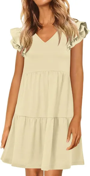 Womens Summer Dress V Neck Ruffle Short Sleeve Casual Loose Fit Swing Pleated Dresses Beach Vacation Mini Sundress